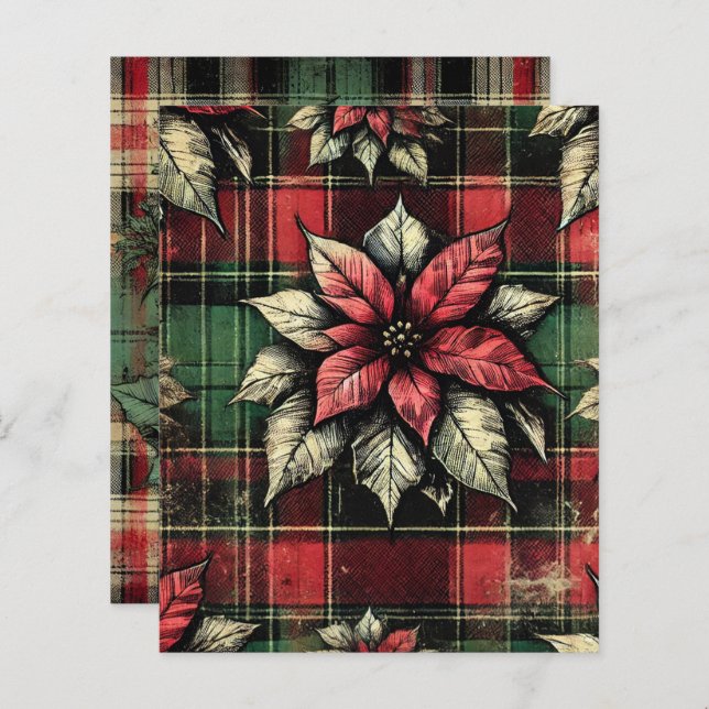 Grungy Poinsettia Plaid Stof Scrapbook Papier (Voorkant / Achterkant)