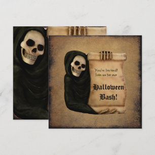 Grungy Scroll & Gemaskerde Schedel Halloween Feest Kaart