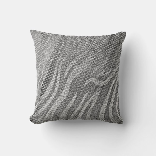 Grungy Silver Sequin Abstracte grijze Zebra Textuu Kussen (Voorkant)