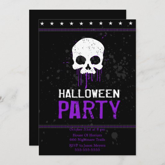 Grungy Skulls Halloween Feestuitnodigingen (Paarse Kaart (Voorkant / Achterkant)