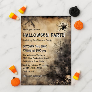Grungy Spinnenweb Schedels en Kale Boom Halloween Kaart