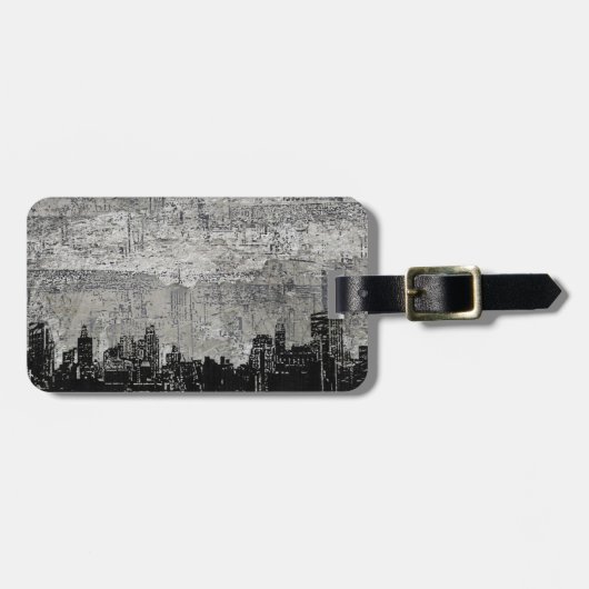 Grungy Urban City Scape Black White Bagagelabel (Voorkant horizontaal)