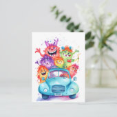 Gruppe lustiger Monster fährt mit dem Auto. Urlaub Briefkaart (Staand voorkant)