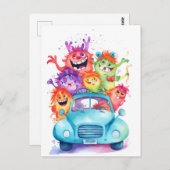 Gruppe lustiger Monster fährt mit dem Auto. Urlaub Briefkaart (Voorkant / Achterkant)