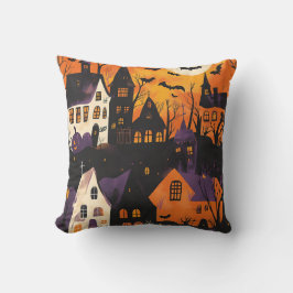 Gruselig dorp Spooky Paars Oranje Halloween Kussen