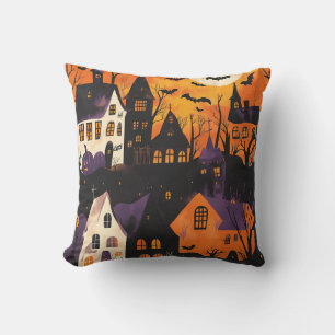 Gruselig dorp Spooky Paars Oranje Halloween Kussen