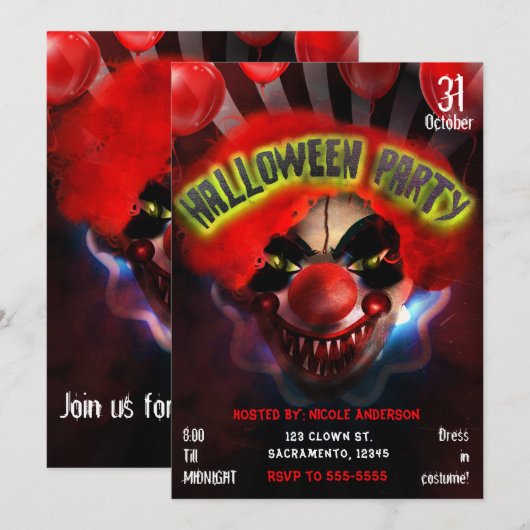 Gruselig Enge Moordenaar Clown Halloween Feest Kaart (Voorkant / Achterkant)