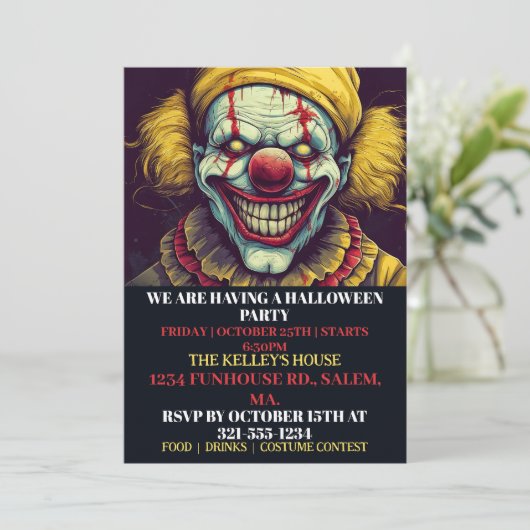 Gruselige Clown Happy Halloween Feest Uitnodiginge Kaart (Staand voorkant)