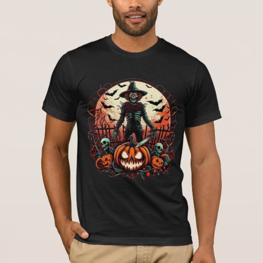 Gruselige Jack O Lantern Vogelverschrikker Schedel T-shirt (Voorkant)