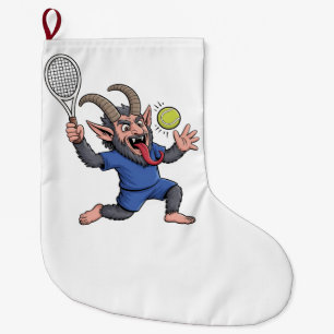 Gruselige Krampus speelt tennis met Kerstmis Grote Kerstsok