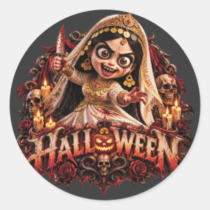 Gruselijke Zombie Bruid Halloween Horror Kunstprin Ronde Sticker