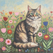 Gruwende Grijze Lapjeskat en Volkskunst Bloemen Sticker (Voorkant)