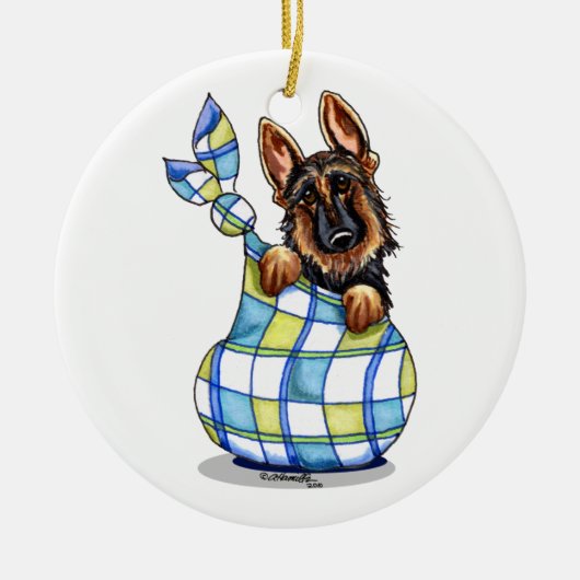 GSD Sack Puppy First Kerstmis op maat Keramisch Ornament (Voorkant)
