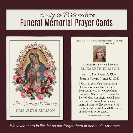 Guadalupe Catholic Floral Funeral Prayer Kaart