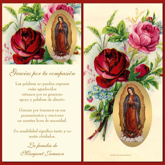 Guadalupe Funeral Virgin Mary condoleent Spaans Bedankkaart