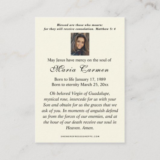Guadalupe Maagd Maria Begrafenis Gebed Plaatskaartje (Achterkant)
