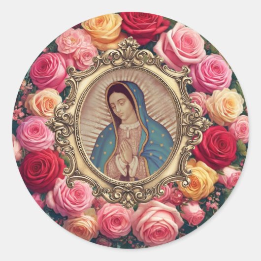 Guadalupe Rozen Religieuze Elegant Floral Ronde Sticker (Voorkant)