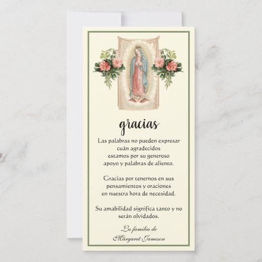 Guadalupe Virgin Mary Funeral condoléances Spaans Bedankkaart (Voorkant)