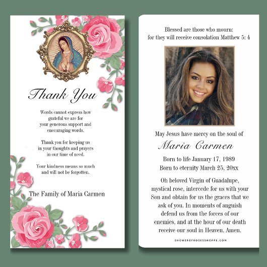 Guadalupe Virgin Mary Funeral condoléances Spaans Bedankkaart