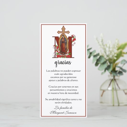 Guadalupe Virgin Mary Funeral condoléances Spaans Bedankkaart (Staand voorkant)
