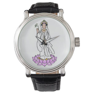 Guan Yin Bodhisattva op een Lotus Flower Watch Horloge