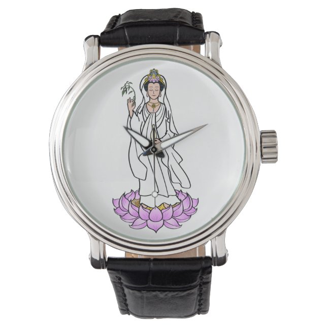 Guan Yin Bodhisattva op een Lotus Flower Watch Horloge (Voorkant)