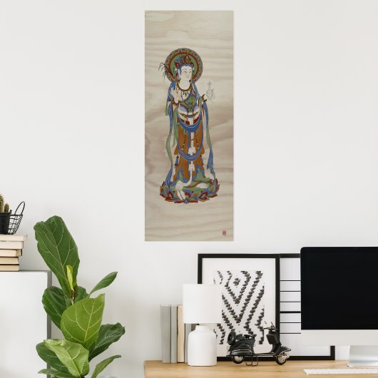 Guan Yin Buddha Doug Fir Background Art Print (Thuiskantoor)