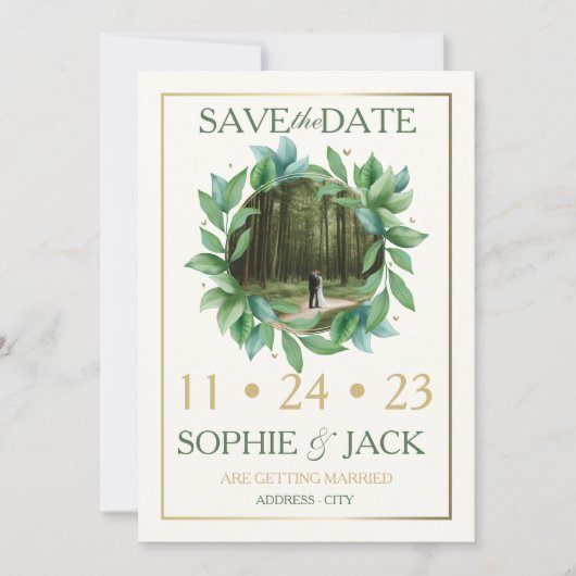 Guardar la fecha verde y oro save the date (Voorkant)