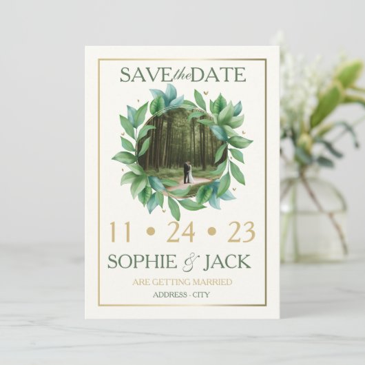 Guardar la fecha verde y oro save the date (Staand voorkant)