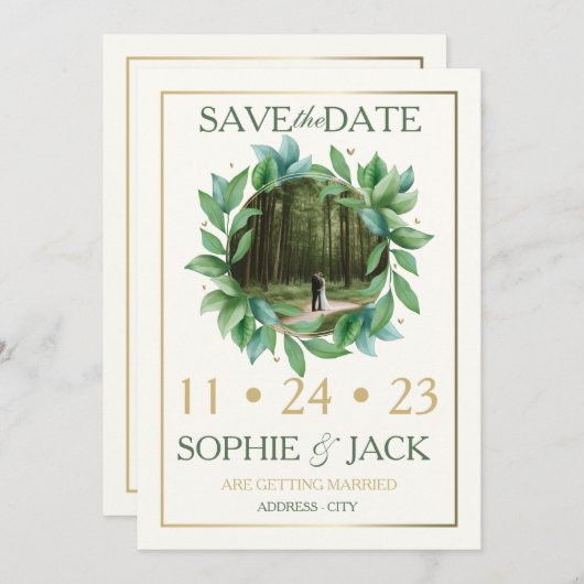 Guardar la fecha verde y oro save the date (Voorkant / Achterkant)