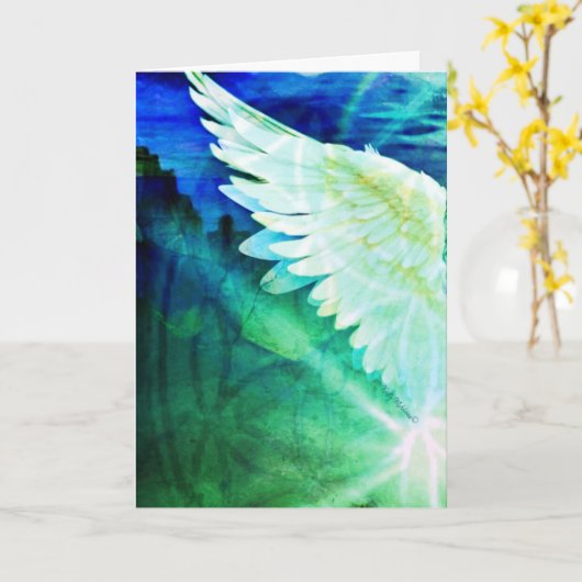 Guardian Angel Blue Green Wing – Blank Greeting Kaart (Gele Bloem)