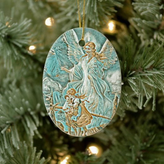 Guardian Angel, Children and Bridge Gold en Blauwg Keramisch Ornament (Boom)