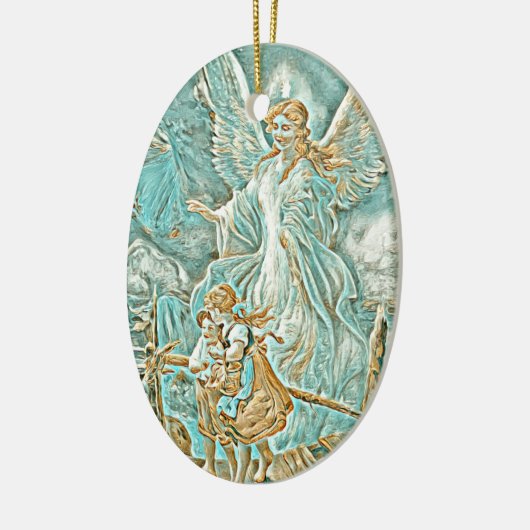 Guardian Angel, Children and Bridge Gold en Blauwg Keramisch Ornament (Links)