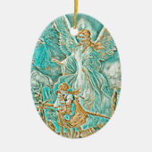 Guardian Angel, Children and Bridge Gold en Blauwg Keramisch Ornament (Voorkant)