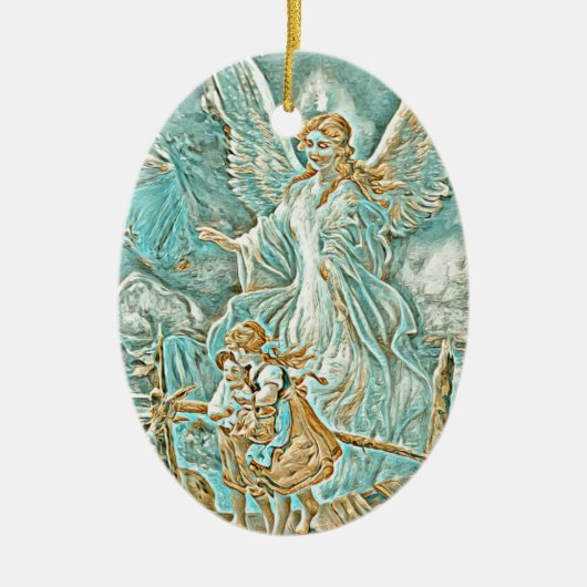 Guardian Angel, Children and Bridge Gold en Blauwg Keramisch Ornament (Voorkant)