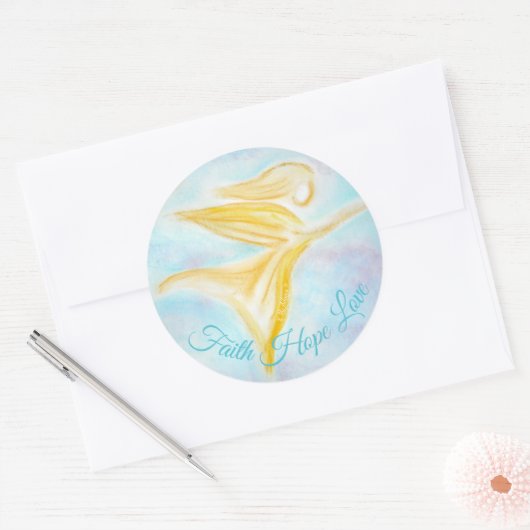 Guardian Angel in Flight – Faith Hope Love Blue Ronde Sticker (Envelop)