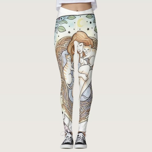 Guardian Angel Mother and Baby Cat Design Leggings (Voorkant)