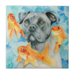 Guardian | Pit Bull Dog en Goldfish Waterverf Tegeltje<br><div class="desc">Dit is een waterverf schilderij van een roofhond en oranje goudvissen die om hem zweven. Ik gebruikte Holbein en Daniel Smith waterverf verf op Arches heet geperst papier.</div>