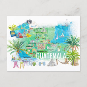 Guatemala geïllustreerde reisplattegrond met wegen briefkaart