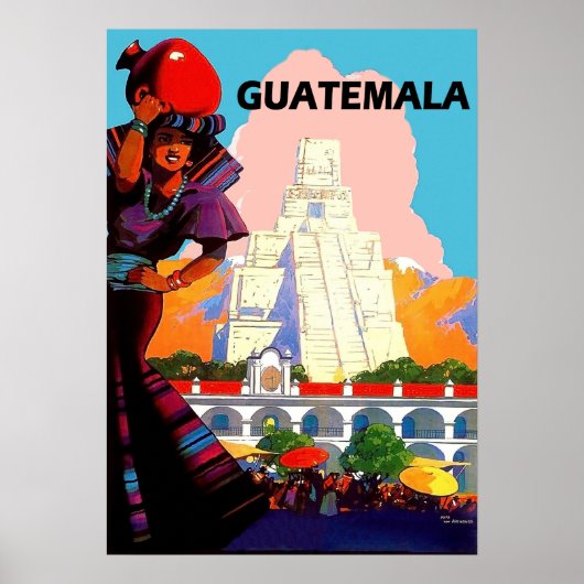 Guatemala, inheemse vrouw met aardewerk, piramide poster (Voorkant)