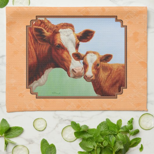 Guernsey Calf en Moeder Koe Peach Theedoek (Gevouwen)