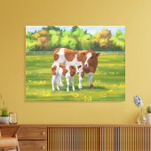 Guernsey Koe en Cute Calf in Summer Pasture Canvas Afdruk (Insitu (Woonkamer))