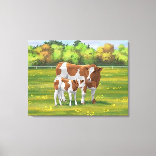 Guernsey Koe en Cute Calf in Summer Pasture Canvas Afdruk (Voorkant)