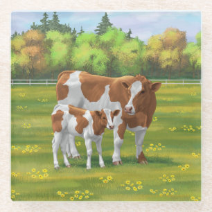 Guernsey Koe en Cute Calf in Summer Pasture Glazen Onderzetter