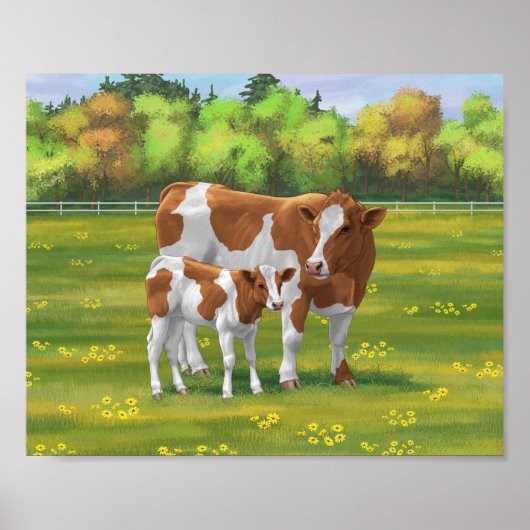 Guernsey Koe en Cute Calf in Summer Pasture Poster (Voorkant)