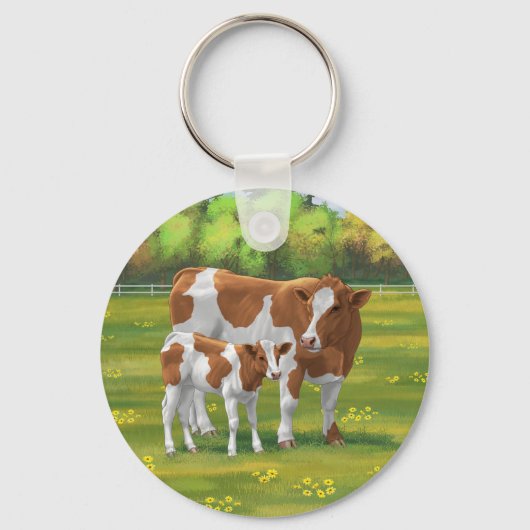 Guernsey Koe en Cute Calf in Summer Pasture Sleutelhanger (Voorkant)