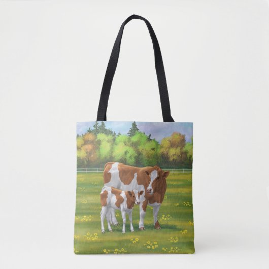Guernsey Koe en Cute Calf in Summer Pasture Tote Bag (Voorkant)