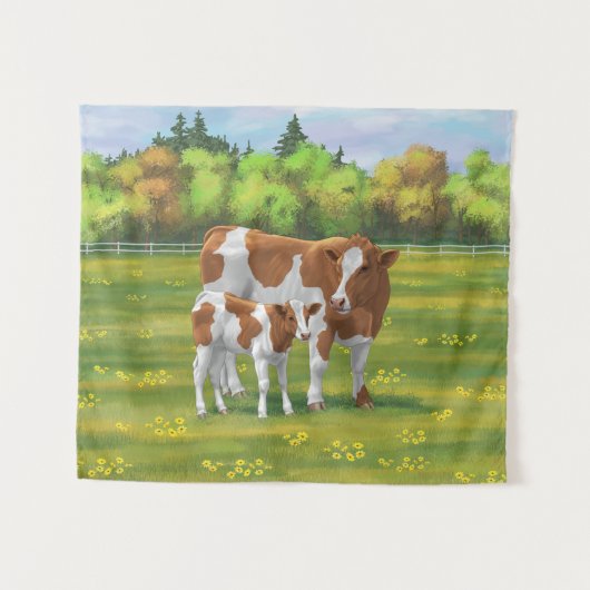 Guernsey Koe en Cute Calf in Summer Pasture Wandkleed (Voorkant (horizontaal))