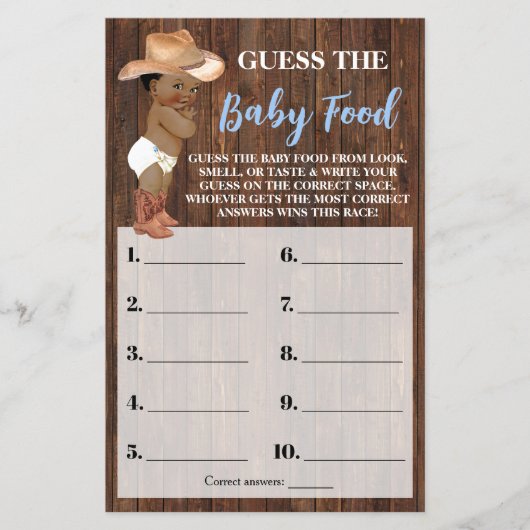 Guess Baby Food AA Cowboy Baby shower Game Kaart (Voorkant)