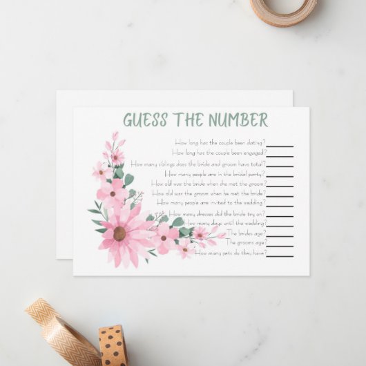 Guess The Number Bridal Shower Game Pink Flowers Notitiekaartje (Voorkant / Achterkant in situ)